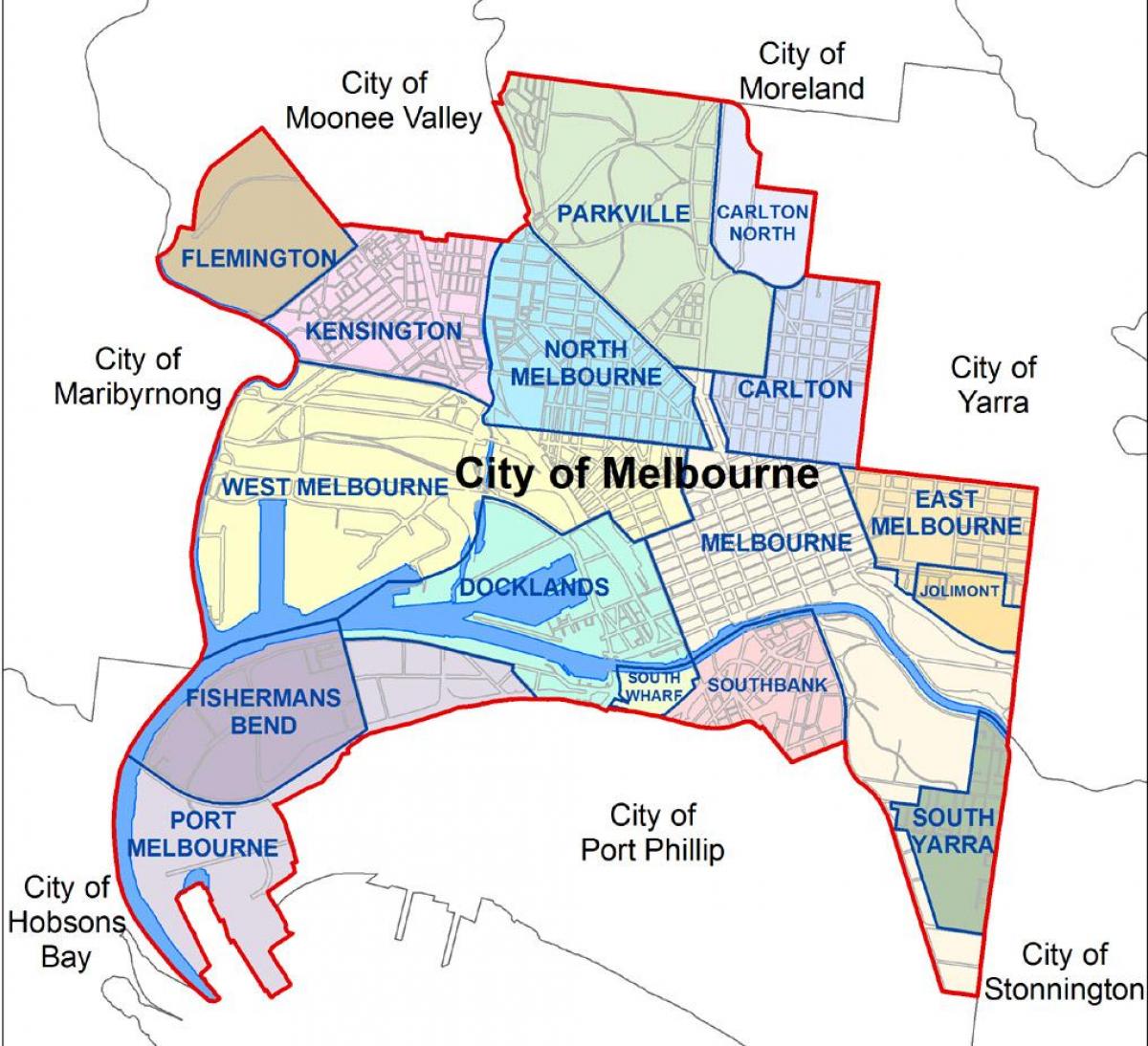 kaart van Melbourne en de omliggende voorsteden